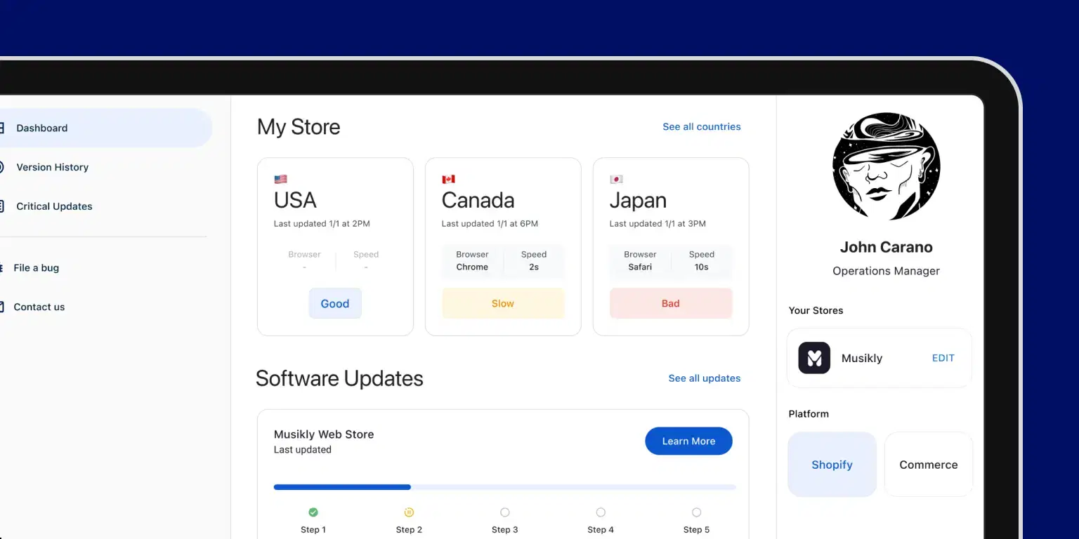 Tablet showing a "My Store" dashboard with navigation on the left and content on the right. The content includes "USA", "Canada", and "Japan" showing "Good", "Slow", and "Bad", respectively. Below that is a section titled "Software Updates" for "Musikly Web Store" with a progress bar at step 2 of 5. On the right is a profile for "John Carano", an operations manager for Musikly.