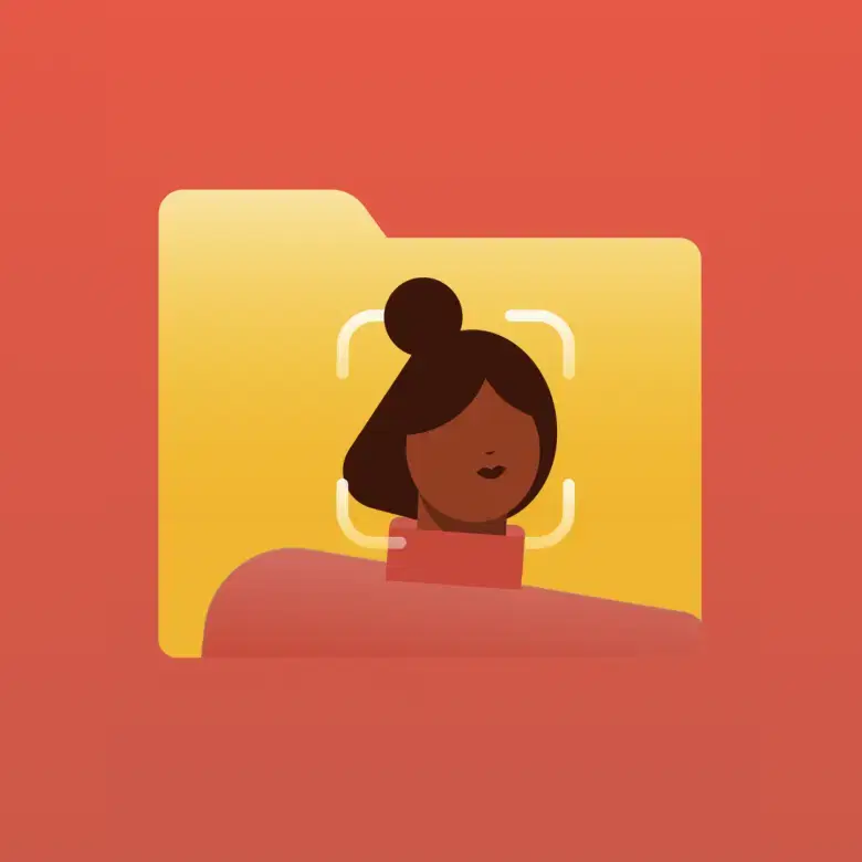Yellow folder icon with a stylized dark-skinned woman in front with brown hair and wearing a peach-colored sweater.