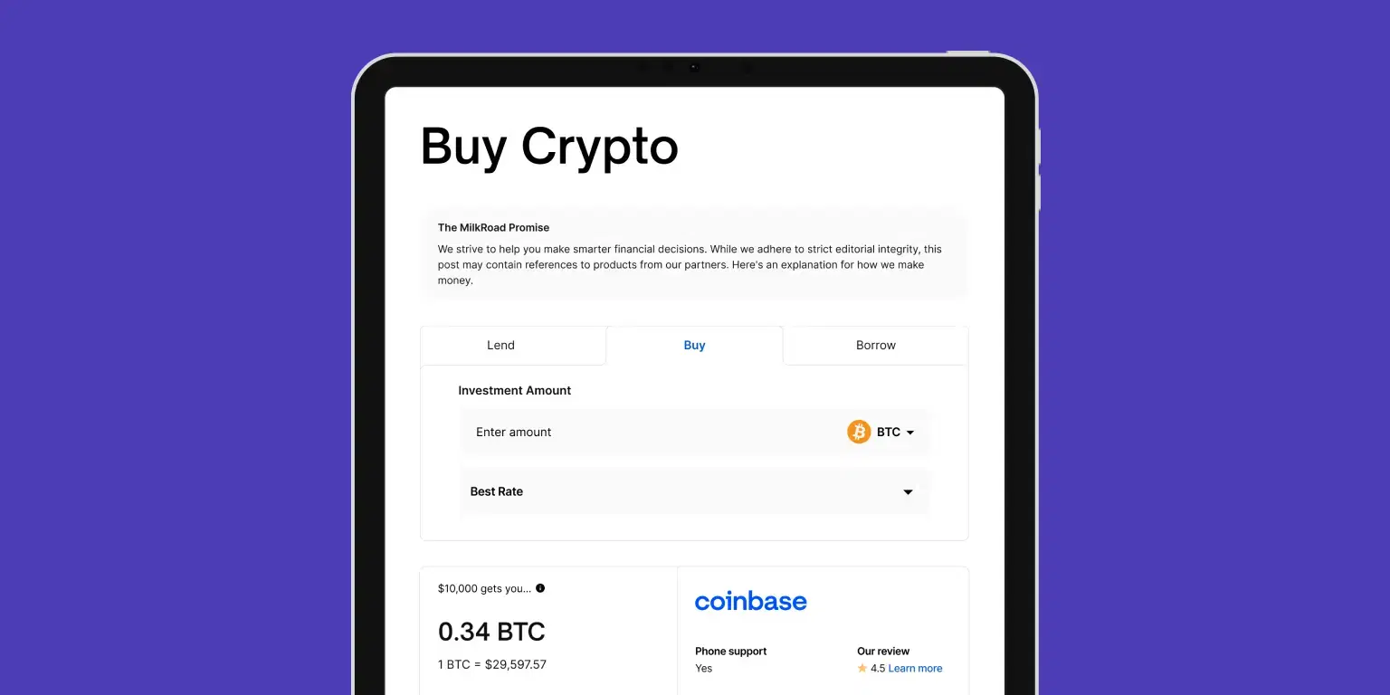 iPad showing a "Buy Crypto" page. Below introductory text, three tabs are visible: "Lend", "Buy" (active), and "Borrow." The user can enter an amount in Bitcoin, and content below that shows the conversion rate between U.S. dollars and Bitcoin.